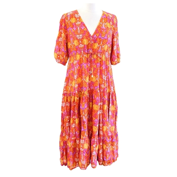 Abel The Label Dresses & Skirts - S🧡Anthropologie Abel the Label Red Orange Yellow Floral Print Dress Midi/Maxi